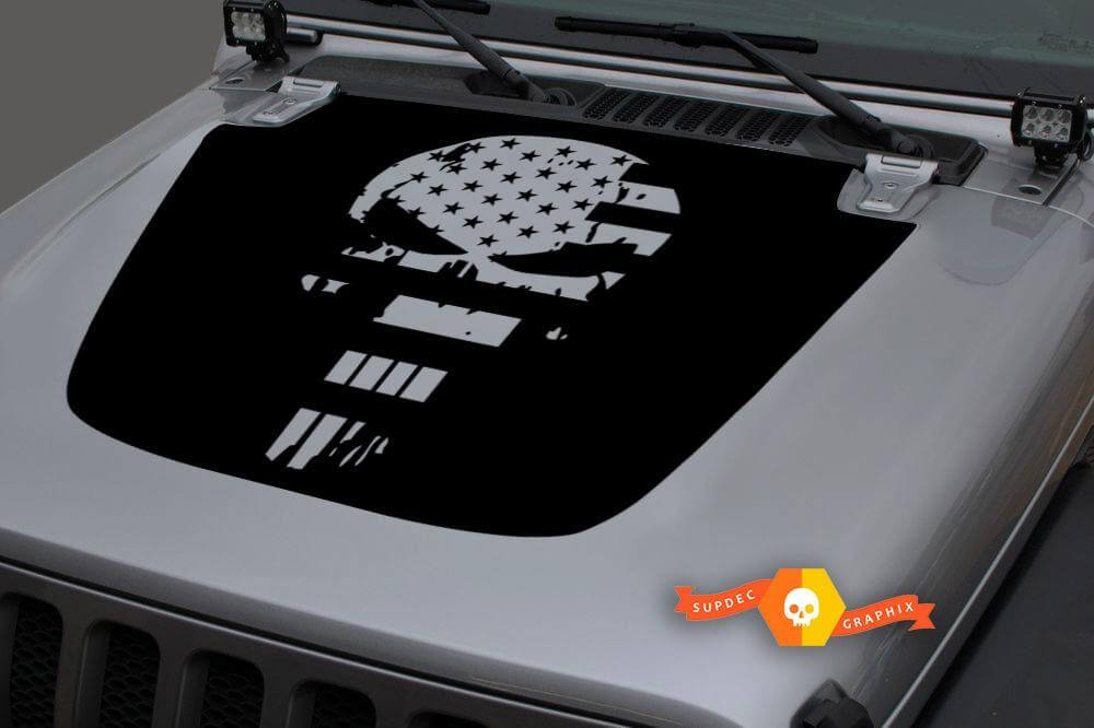 Adesivo in Vinile per Cofano con Teschio Bandiera USA Stile Punisher per Jeep Wrangler Gladiator
