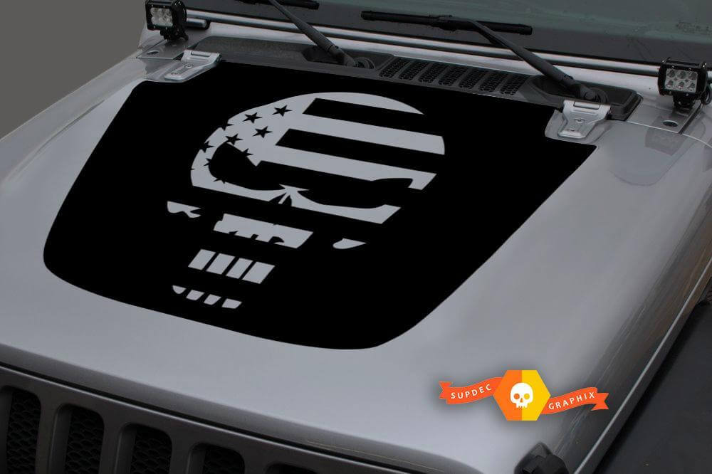 Adesivo in Vinile Cofano con Teschio Punisher e Bandiera USA per Jeep Wrangler JL JLU e Gladiator JT