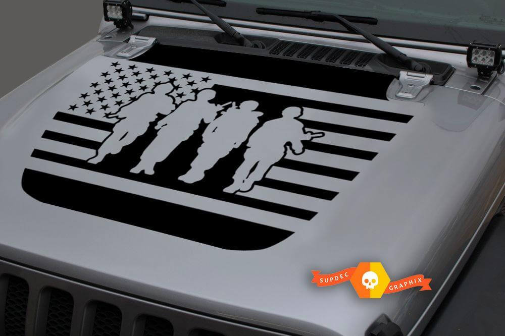Adesivo in vinile con bandiera USA e quattro soldati per cofano Jeep Wrangler JL JLU e Gladiator JT
