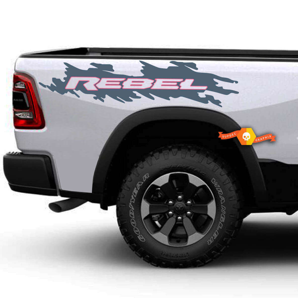 Coppia di adesivi in vinile stile Rebel Splash per fiancate letto camion Dodge Ram