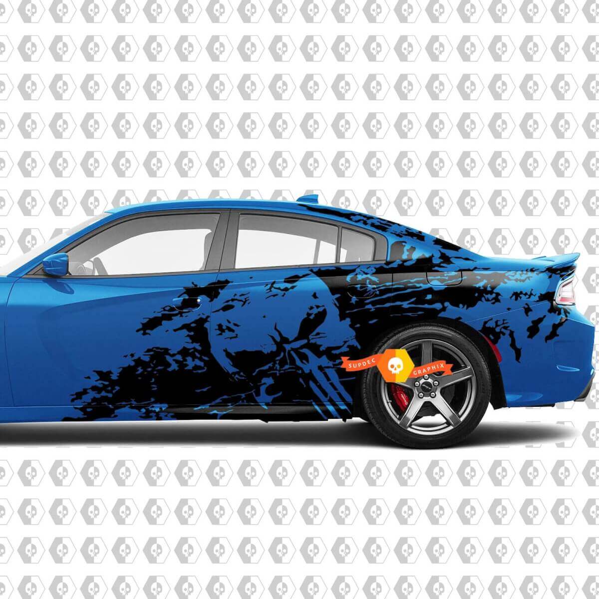 Set Adesivi in Vinile con Schizzo di Fango e Teschio Punisher per Cofano e Lati per Dodge Challenger Charger