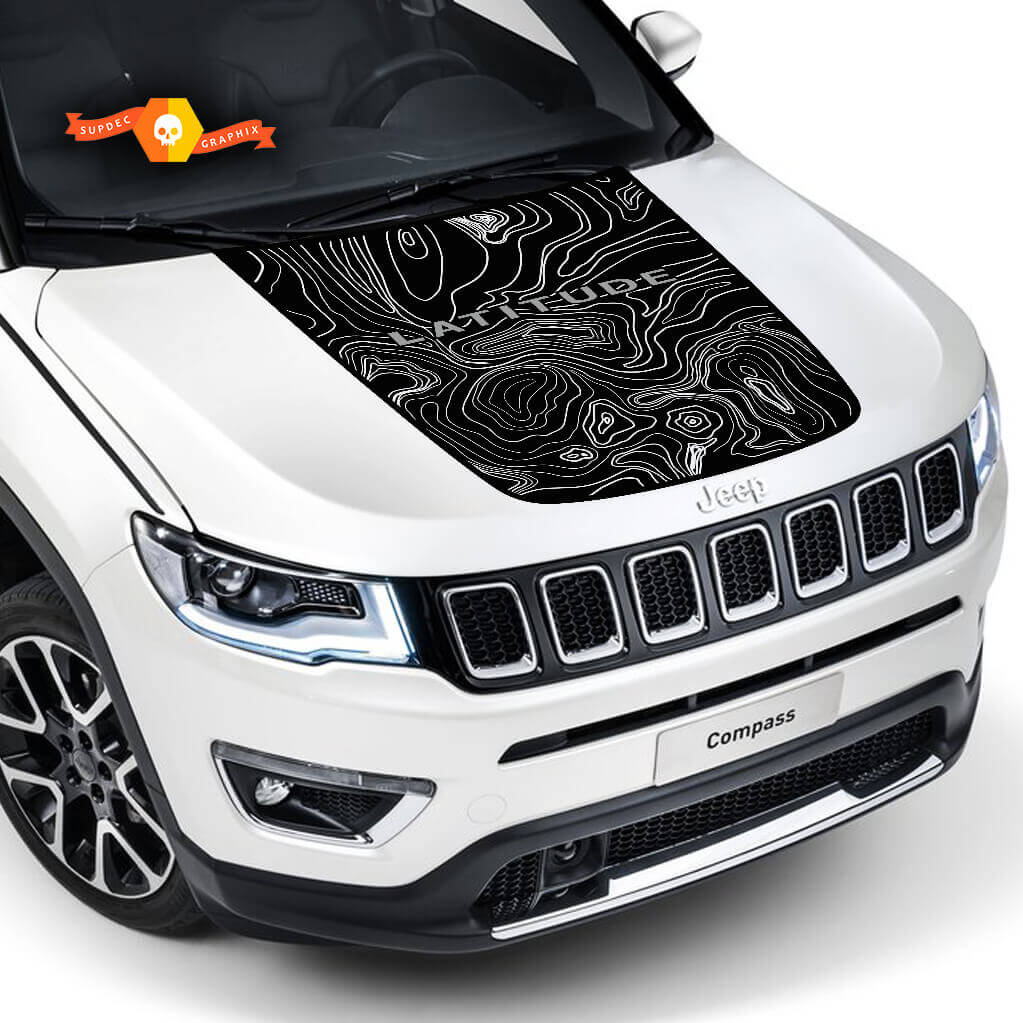 Adesivo in Vinile con Grafica Logo Mappa Topografica per Cofano Jeep Compass Latitude