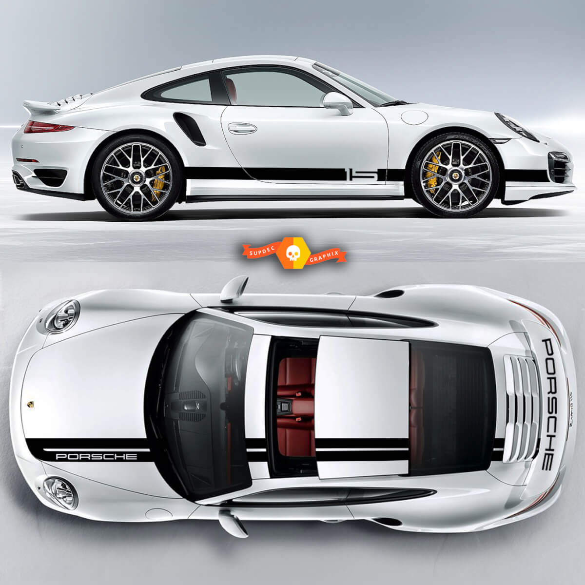 Un colore Sport Cup Edition Graphic Decalcomanie grafiche Kit Racing Stripe sopra il tetto superiore Porsche e strisce da corsa per Carrera o qualsiasi Porsche