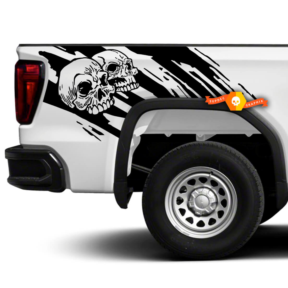 2 Side Skull Distressed Grunge Design Side Bed Pickup Vehicle Truck Decalcomania grafica in vinile Portellone posteriore
