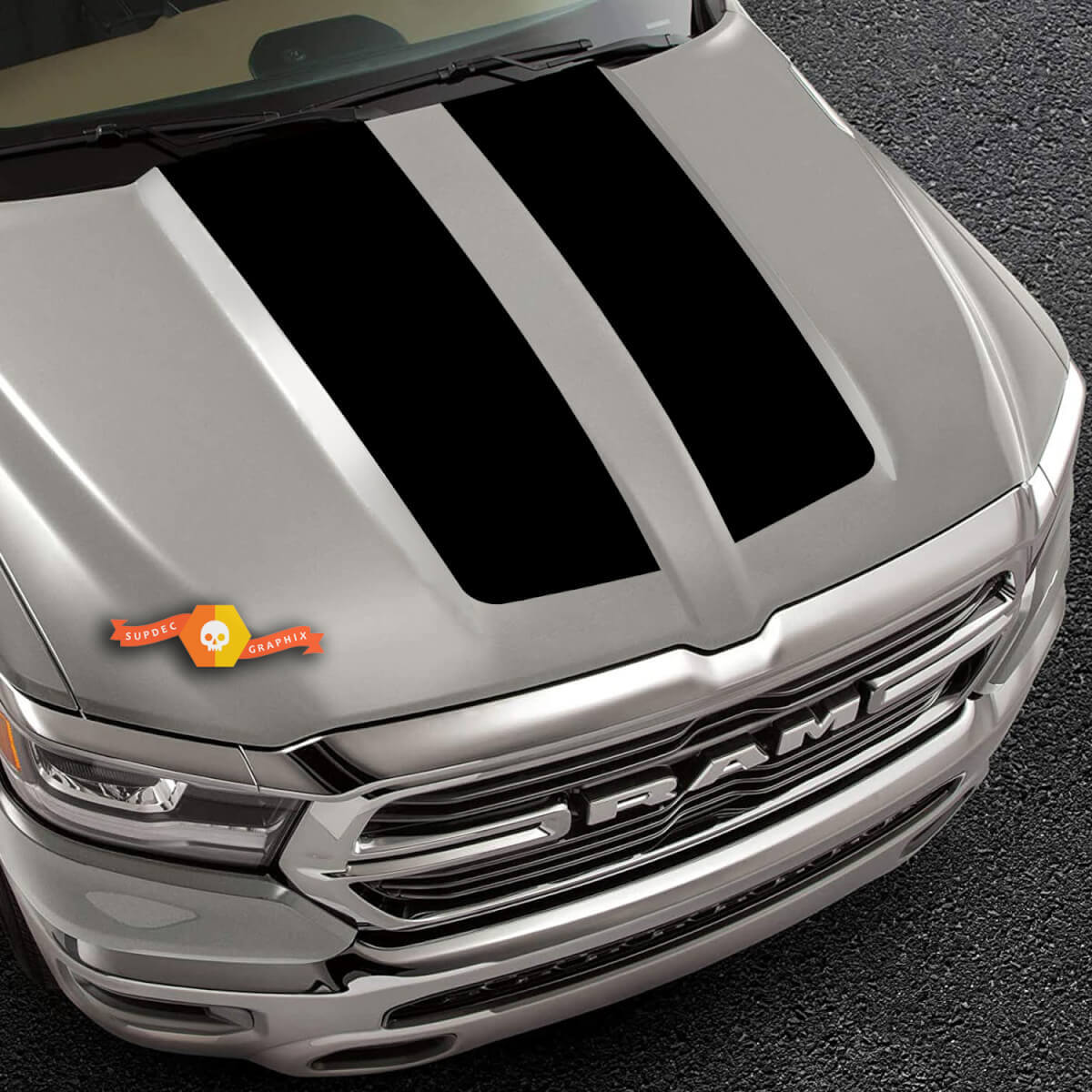 Kit di Adesivi in Vinile con Doppie Strisce Nere Opache per Cofano per Dodge Ram 1500 2019-2020