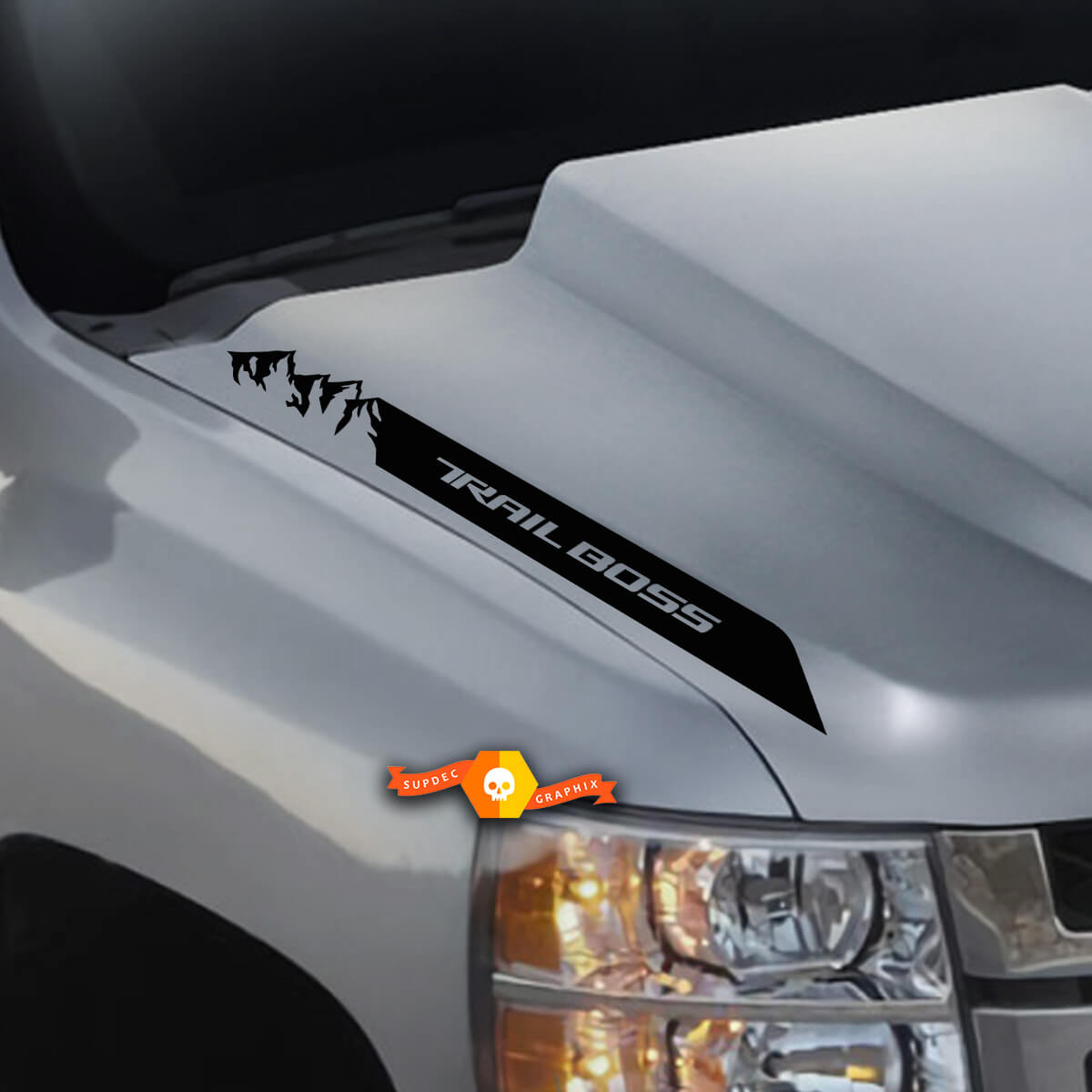 Set di 2 adesivi per decalcomanie Chevy Silverado 1500 MOUNTAIN Trail Boss Hood Spear 2019 2020 2021
