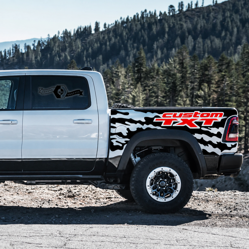 custom TXT Two Color Splatter Pair Fiancata cassone Adesivo in vinile per RAM 1500 Rebel, TRX 2021-2026