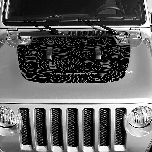 Adesivo in Vinile per Cofano Mappa Topografica Nera Personalizzato con Testo per Jeep Wrangler