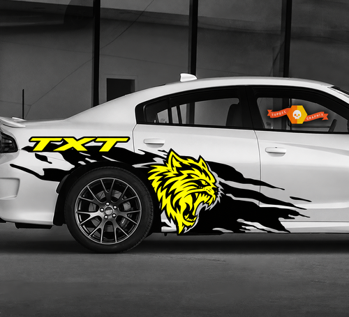 Adesivo in vinile personalizzato per parafango posteriore laterale con testa di gatto gialla Splash TXT per Dodge Challenger 2009-2019