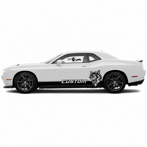 Coppia di strisce sottoporta in vinile con testa di felino personalizzata per Dodge Challenger SRT, Hellcat