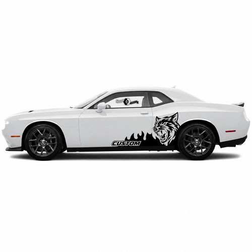 Coppia di adesivi laterali in vinile con fiamme e testa di felino personalizzata per Dodge Challenger SRT, Hellcat