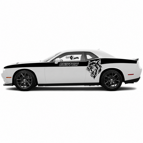 Coppia di strisce in vinile con testa di felino personalizzata per portiere, fiancate e parafanghi di Dodge Challenger SRT, Hellcat