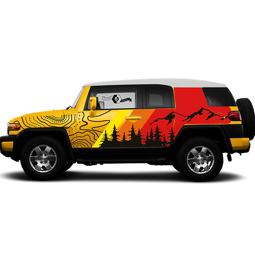 Nuova coppia Toyota FJ Cruiser Porte laterali Vintage Sunset Colors Montagne Montagne Foresta Mappa DECALIT