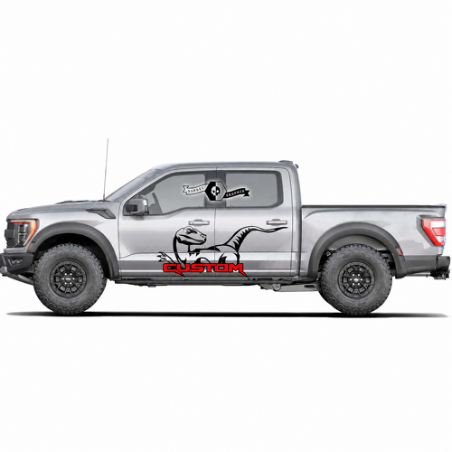 Adesivo in vinile con scritta rossa PERSONALIZZATA a coppia di dinosauri per porta Ford F-150 2022