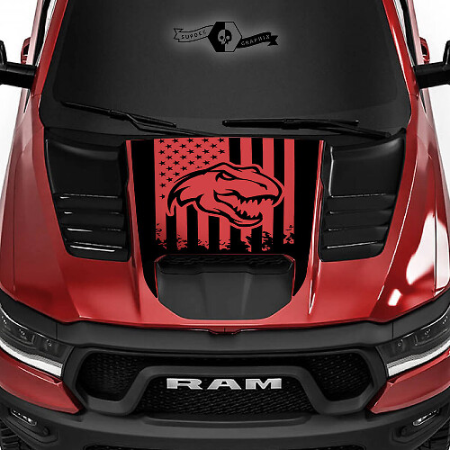 Dodge Ram Rebel 2022+   2023+ 1500 TRX T-Rex Cappuccio Bandiera USA Distrutta Adesivo in Vinile per Camion TRX Sticker Decal Grafico
