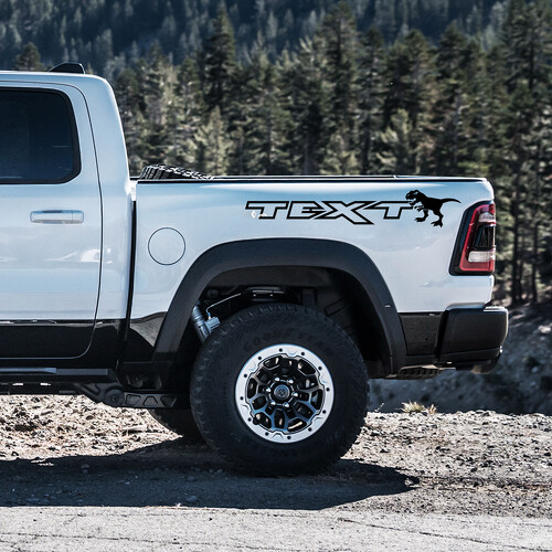 Adesivo in Vinile Personalizzato con Testo e Silhouette T-Rex da Comodino per RAM 1500 Rebel, TRX 2019-2026