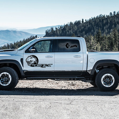 2x Dodge Ram Rebel 2022+ 2023+ 1500 TRX Dinosauri T-Rex Porte laterali Camion Vinile Adesivi Decalcomanie Grafica
