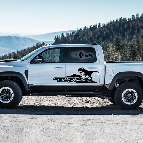 2x Dodge Ram Rebel 2022+ 2023+ 1500 TRX Dinosauri T-Rex Montagne Porte laterali Camion Vinile Adesivi Decalcomanie Grafica

