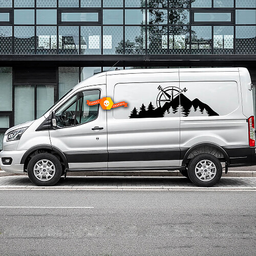 2023 FORD TRANSIT-TRAIL Bussola Mountain Forest Trees Adesivi in ​​vinile Decalcomanie di qualsiasi dimensione per Nissan, Toyota, Chevy, GMC, Dodge, Ford
