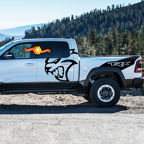 Coppia Dodge Ram TRX Hellcat 2021+ Splash Ram Head Doors Bed Logo Truck Vinile Adesivo Decalcomania grafica per letto
