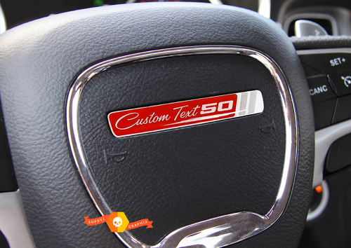 50th Anniversary Red Silver Script Custom Text Domed Insert — Adesivo in vinile (volante) per Dodge Challenger