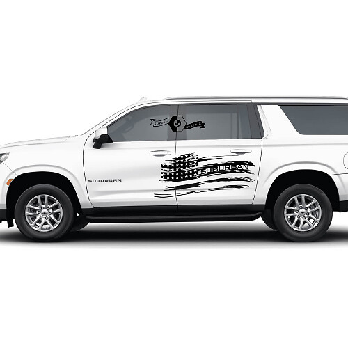 Coppia adesivi in ​​vinile per porte Chevrolet Suburban Side Distrutte con bandiera USA

