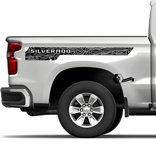 Coppia adesivo in vinile con mappa topografica del logo laterale del letto per Chevrolet Silverado 2022+ 2023
