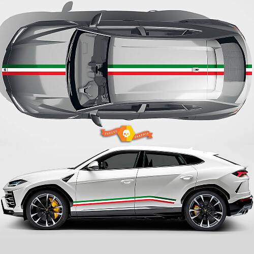 Coppia adesivi in vinile con bandiera italiana per portiere laterali, cofano e tetto Lamborghini Urus 2021 2022 2023.

