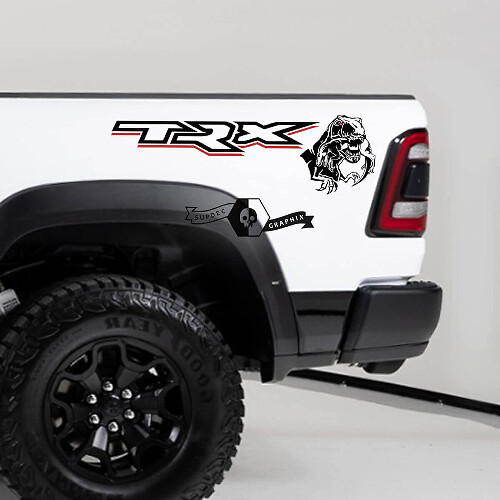 Kit Adesivi in Vinile per Fiancate Letto con T-Rex che Mangia un Raptor per Dodge Ram TRX 2020-23