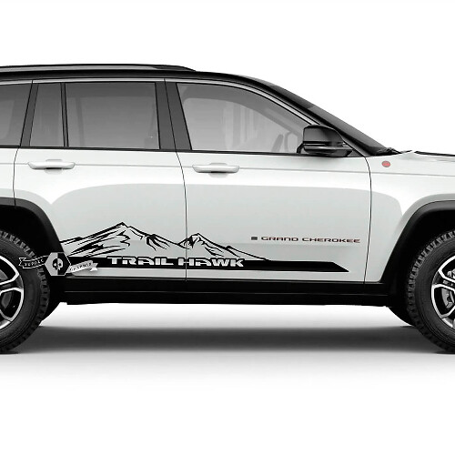 Coppia di adesivi grafici con logo Jeep Grand Cherokee Trailhawk Doors Mountains 2023+
