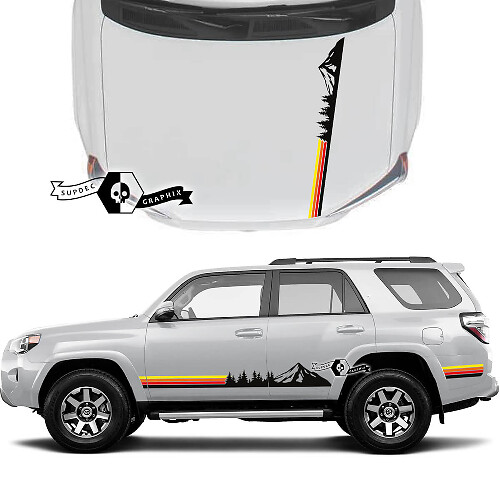 Coppia 4Runner 2023 Cofano porta laterale Vecchia scuola Tramonto Vinile Montagne Foresta Decalcomanie Adesivi a strisce per Toyota 4Runner TRD
