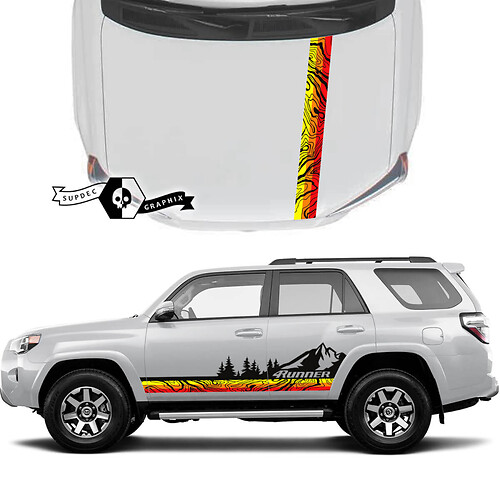 Coppia 4Runner 2023 Cofano porta laterale Vecchia scuola Tramonto Mappa topografica in vinile Montagne Foresta Decalcomanie Adesivi a strisce per Toyota 4Runner TRD
