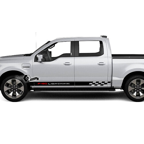 Coppia adesivi laterali per Ford F-150 Lightning 2022-2023 con strisce a scacchi e bandiera, in vinile adesivo per carrozzeria.
