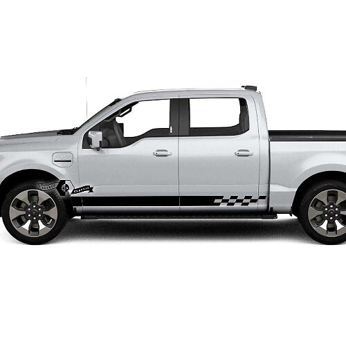 Coppia adesivi laterali per Musclecar truck Lightning 2022-2023 con strisce a scacchi e bandiera, in vinile adesivo per carrozzeria.
