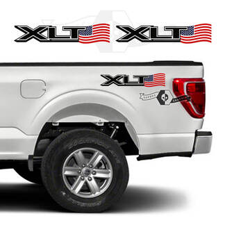Coppia adesivi per decalcomanie laterali con grafica logo Ford F-150 XLT 2023 a colori USA Flag Bed
