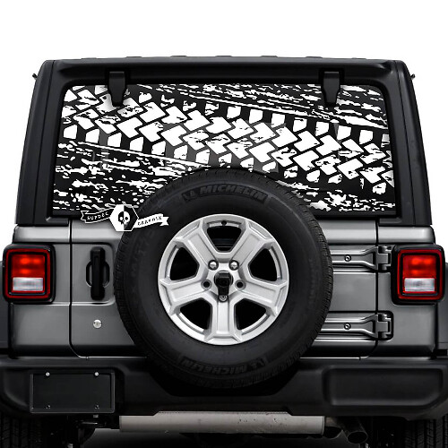 Jeep Wrangler Unlimited Lunotto posteriore Fango Splash Distrutto Pneumatico Traccia Adesivi Decalcomanie Grafica in vinile
