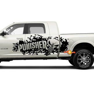 Coppia Dodge Ram porte laterali letto distrutto Punisher Skull Truck grafica decalcomania in vinile
