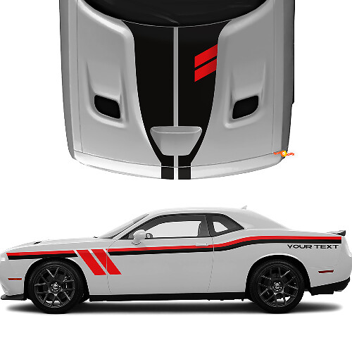 Kit di Decalcomanie in Vinile con Strisce Laterali Doppie e Sul Cofano con Testo Personalizzato per Dodge Challenger