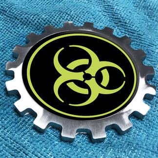 Lime Biohazard Logo Badge in metallo e alluminio Emblema dell'ingranaggio sul comodino in alluminio
