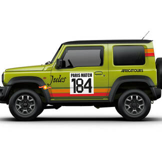 2X Suzuki JIMNY 4WD Grafica adesiva decalcomania per porte laterali a quattro strisce di colore vintage Numero personalizzato
