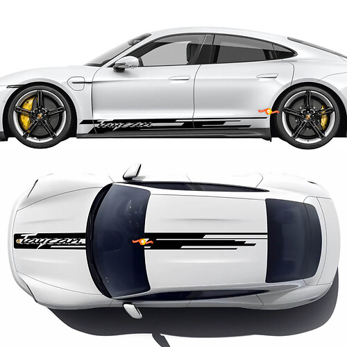 Strisce decorative laterali Porsche Taycan con logo PORSCHE - Adesivi grafici in vinile personalizzati
