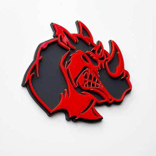 Distintivo con logo 3D Rhino Angry - Emblema parafango personalizzato per auto, camion e SUV Rosso contro grigio
