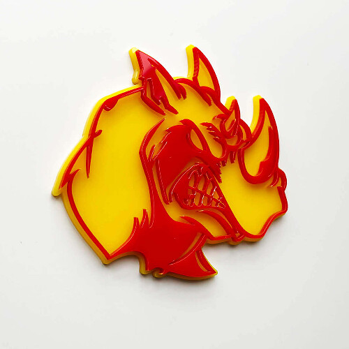 Distintivo con logo 3D Rhino Angry - Emblema parafango personalizzato per auto, camion e SUV Rosso contro giallo
