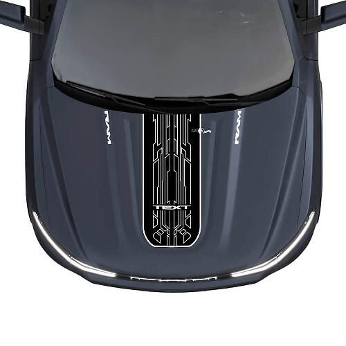 Striscia Adesiva Vinile Personalizzata in Stile Techno per Cofano Dodge Ram 1500 REV