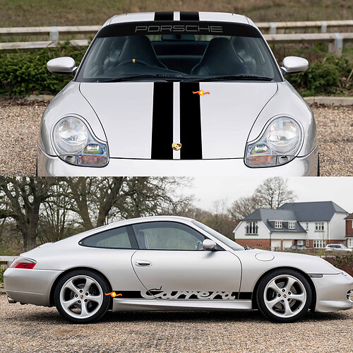 Porsche 911 Carrera Dual Central Stripes Kit di adesivi per decalcomanie per parabrezza con cappuccio retrò

