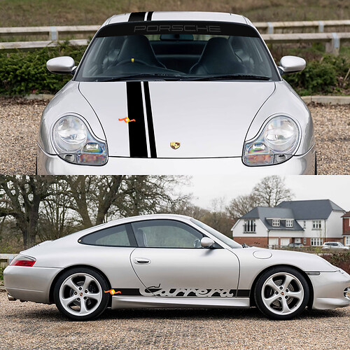 Porsche 911 Carrera Dual Central Stripes Kit di adesivi per decalcomanie per parabrezza con cappuccio retrò
