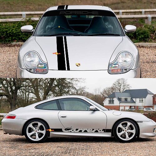 Porsche 911 Carrera Dual Central Stripes Kit di adesivi per decalcomanie per parabrezza con cappuccio retrò
