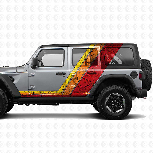 Kit Adesivi in Vinile con Strisce Laterali e Sul Cofano a Mappa Topografica Retro per Jeep Wrangler