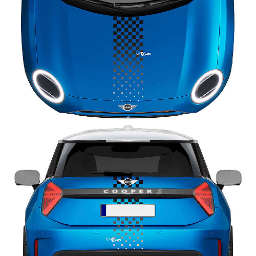 Cappuccio e strisce a scacchi sfumate posteriori Adesivi in vinile per Mini Cooper S

