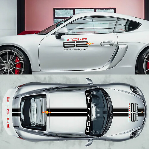 Decalcomanie adesive per fiancata, cofano, tetto e parabrezza per Porsche 718 Cayman GT4 Clubsport Racing.
